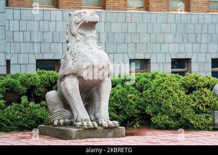 Yuzhno-Sakhalinsk, Russia - 05 agosto 2022: Statua giapponese tradizionale di un leone di pietra all'ingresso del Museo Sakhalin di Lore locale Foto Stock