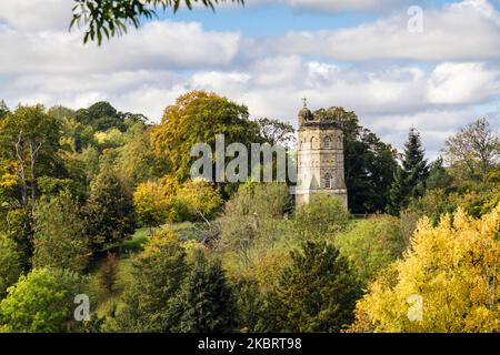 18th century Culloden Tower folly with parkland trees in autumn. Richmond, north Yorkshire, England, UK, Britain, Europe Stock Photo