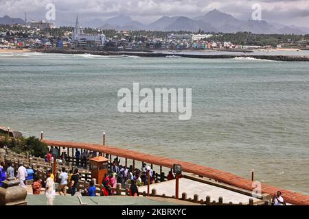 View of the town of Kanyakumari seen from the Vivekananda Rock Memorial in Tamil Nadu, India. the Vivekananda Rock Memorial was built in 1970 in honour of Swami Vivekananda who is said to have attained enlightenment on the rock. (Photo by Creative Touch Imaging Ltd./NurPhoto) Stock Photo
