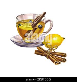 Una tazza di tè con limone e cannella. Bicchiere trasparente riempito di tè. Illustrazione acquerello. Isolare su sfondo bianco. Per la soluzione di progettazione Foto Stock