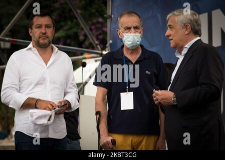Federal Secretary of Italian party 'Lega' Matteo Salvini (L) and Vice President of Italian party 'Forza Italia' Antonio Tajani (R) during an event organized by the center-right wing parties at Piazza del Popolo in Rome, on July 04, 2020 in Rome , Italy. (Photo by Andrea Ronchini/NurPhoto) Stock Photo