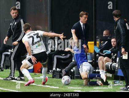 Daniel Crowley of Birmingham City being pushed into Scott Parker manager of Fulham by Joe Bryan of Fulham during the Sky Bet Championship match between Fulham and Birmingham City at Craven Cottage, London on Saturday 4th July 2020. (Photo by Jacques Feeney/MI News/NurPhoto) Stock Photo