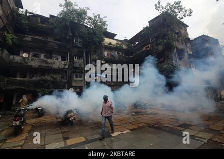 Un uomo cammina attraverso il fumo dopo che la zona è stata fumigata da un lavoratore municipale per prevenire la diffusione di malattie trasmesse da zanzare a Mumbai, India il 10 luglio 2020. (Foto di Himanshu Bhatt/NurPhoto) Foto Stock