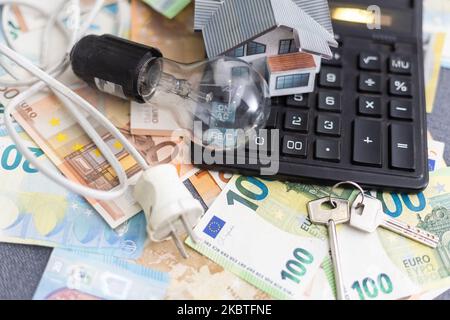 Modello casa, calcolatrice, banconote in euro Foto Stock