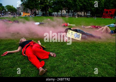 Gli attivisti del clima stanno compiendo un'azione "Die-in" anche con il fumo rosso, durante un'azione "Blood on Your Hands" Animal Rebellion, che si sta svolgendo ad Amsterdam il 18th luglio 2020. (Foto di Romy Arroyo Fernandez/NurPhoto) Foto Stock