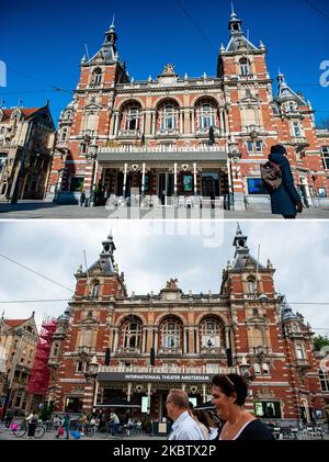 (COMBO) questa combinazione di immagini creata il 18 luglio 2020 confronta Amsterdam con il 23rd marzo. Questa foto mostra come il centro di Amsterdam si sia visto durante il "blocco intelligente", dove la maggior parte delle persone lavorava da casa, e il turismo non è stato permesso nel paese rispetto a come la città sembra in questi giorni, con la maggior parte del turismo e la gente di ritorno in città. (Foto di Romy Arroyo Fernandez/NurPhoto) Foto Stock