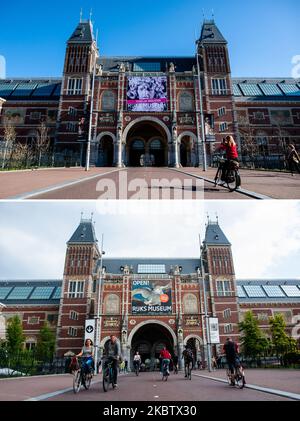 (COMBO) questa combinazione di immagini creato il 18 luglio 2020 confronta Amsterdam con il 23rd marzo. Questa foto mostra come il Rijksmuseum di Amsterdam guardava durante il "blocco intelligente", dove la maggior parte delle persone lavorava da casa, e il turismo non era consentito nel paese rispetto a come la città sembra in questi giorni, con la maggior parte del turismo e la gente di ritorno in città. (Foto di Romy Arroyo Fernandez/NurPhoto) Foto Stock