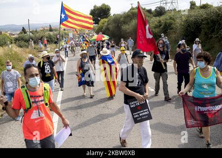Migliaia di persone pro-indipendenza e repubblicane dimostrano e affrontano la polizia nei vigneti che circondano il monastero di Poblet durante la visita del re Felipe VI di Spagna e della regina Letizia. Con lo slogan ''la Catalogna non ha re'', i separatisti catalani volevano arrivare al punto in cui era il capo della Spagna. A Poblet, Catalogna, Spagna, il 20 luglio 2020. (Foto di Albert Llop/NurPhoto) Foto Stock