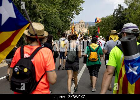 Migliaia di persone pro-indipendenza e repubblicane dimostrano e affrontano la polizia nei vigneti che circondano il monastero di Poblet durante la visita del re Felipe VI di Spagna e della regina Letizia. Con lo slogan ''la Catalogna non ha re'', i separatisti catalani volevano arrivare al punto in cui era il capo della Spagna. A Poblet, Catalogna, Spagna, il 20 luglio 2020. (Foto di Albert Llop/NurPhoto) Foto Stock