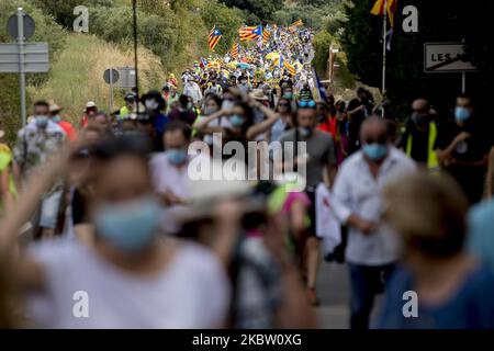 Migliaia di persone pro-indipendenza e repubblicane dimostrano e affrontano la polizia nei vigneti che circondano il monastero di Poblet durante la visita del re Felipe VI di Spagna e della regina Letizia. Con lo slogan ''la Catalogna non ha re'', i separatisti catalani volevano arrivare al punto in cui era il capo della Spagna. A Poblet, Catalogna, Spagna, il 20 luglio 2020. (Foto di Albert Llop/NurPhoto) Foto Stock