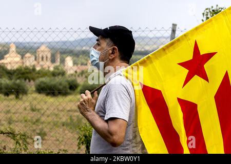 Migliaia di persone pro-indipendenza e repubblicane dimostrano e affrontano la polizia nei vigneti che circondano il monastero di Poblet durante la visita del re Felipe VI di Spagna e della regina Letizia. Con lo slogan ''la Catalogna non ha re'', i separatisti catalani volevano arrivare al punto in cui era il capo della Spagna. A Poblet, Catalogna, Spagna, il 20 luglio 2020. (Foto di Albert Llop/NurPhoto) Foto Stock