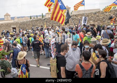Migliaia di persone pro-indipendenza e repubblicane dimostrano e affrontano la polizia nei vigneti che circondano il monastero di Poblet durante la visita del re Felipe VI di Spagna e della regina Letizia. Con lo slogan ''la Catalogna non ha re'', i separatisti catalani volevano arrivare al punto in cui era il capo della Spagna. A Poblet, Catalogna, Spagna, il 20 luglio 2020. (Foto di Albert Llop/NurPhoto) Foto Stock
