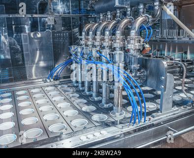 Installazione per versare lo yogurt in vasetti di plastica presso l'impianto caseario. Industria alimentare. Foto Stock