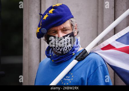 An anti-Brexit activist, wearing a face mask referencing Downing Street adviser Dominic Cummings's controversial lockdown journey to County Durham, demonstrates outside the Houses of Parliament in London, England, on July 22, 2020. Yesterday saw the publication of the long-awaited Intelligence and Security Committee (ISC) report on Russian activity in the UK, which includes among its assertions the claim that the British government 'actively avoided' investigating possible Russian interference in the 2016 referendum on EU membership. (Photo by David Cliff/NurPhoto) Stock Photo