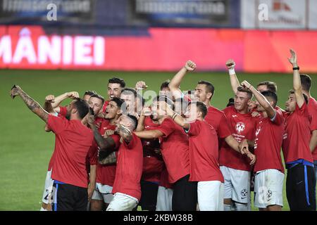 Dennis Man, Ovidiu Popescu, Florinel Coman, Olimpiu Morutan of FCSB celebrates during the game on the Romanian Cup Final match between Sepsi OSK v FCSB, in Ploiesti, Romania, on July 22, 2020. (Photo by Alex Nicodim/NurPhoto) Stock Photo