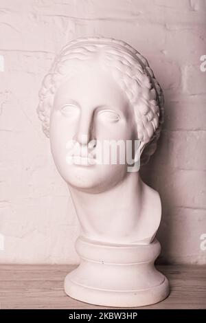 Testa in gesso della statua sullo sfondo di un muro di mattoni bianchi Foto Stock