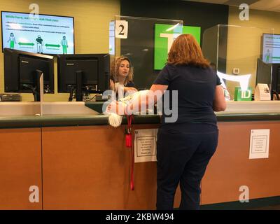 Bank tellers serve customers from behind plexiglass (plastic) barriers to protect them from the novel coronavirus (COVID-19) in Toronto, Ontario, Canada on June 26, 2020. (Photo by Creative Touch Imaging Ltd./NurPhoto) Stock Photo