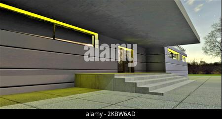 Illuminando il portico di un ufficio basso e avanzato con una striscia LED gialla di notte. Si presenta bene sulla facciata con finiture in alluminio. rendering 3d. Foto Stock