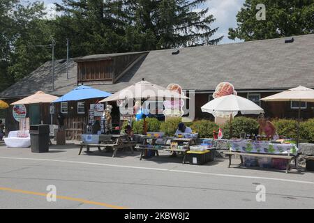 La gente gode del gelato e degli spuntini mentre effettua l'allontanamento sociale (distensione fisica) al Cedar Lake Resort durante la pandemia del coronavirus romanzo (COVID-19) a Whitchurch-Stouffville, Ontario, Canada, il 25 luglio 2020. (Foto di Creative Touch Imaging Ltd./NurPhoto) Foto Stock