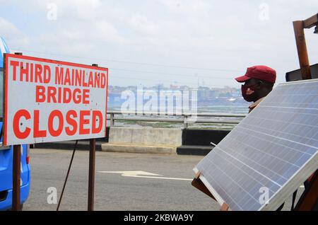 Site of the partial closure of the Third Mainland Bridge as ongoing repair work commence on the Third Mainland Bridge, on July 26, 2020,, Nigeria particularly between the peak periods of 6.30am and 7pm, as a lot more passengers will be advised to travel through alternate routes and the waterways, while the partial closure of Lagos Third Mainland Bridge lasts (Photo by Olukayode Jaiyeola/NurPhoto) Stock Photo