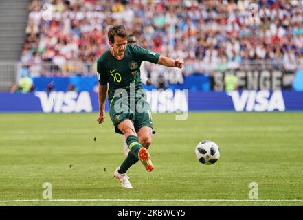 Robbie Kruse of Australia spara in gol durante la partita della Coppa del mondo FIFA Danimarca contro Australia a Samara Arena, Samara, Russia il 21 giugno 2018. (Foto di Ulrik Pedersen/NurPhoto) Foto Stock