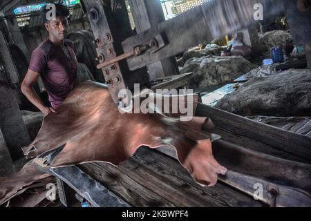 Un laburista lavora su una pelle grezza in una conceria nella zona di Savar vicino a Dhaka, Bangladesh, mercoledì 05,2020 agosto. (Foto di Syed Mahamudur Rahman/NurPhoto) Foto Stock