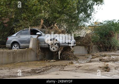 Le alluvioni hanno colpito Bourtzi, nella zona centrale dell'Eubea, in Grecia, il 9 agosto 2020 causando ingenti danni alla proprietà e lasciando cinque persone morte. (Foto di Nicolas Koutsokostas/NurPhoto) Foto Stock
