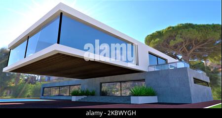 Il secondo piano di una struttura a sbalzo sopra il portico di una futuristica casa privata minimalista su un'isola verde e soleggiata. rendering 3d. Foto Stock
