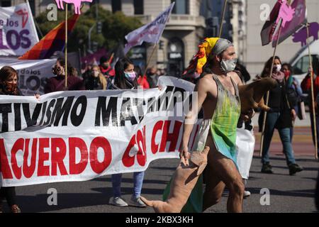 Un gruppo di attivisti ha protestato presso l'Obelisco di Buenos Aires, in Argentina, il 13 agosto 2020 per l'accordo con la Cina per la produzione di maiale in Argentina (Foto di Carol Smiljan/NurPhoto) Foto Stock