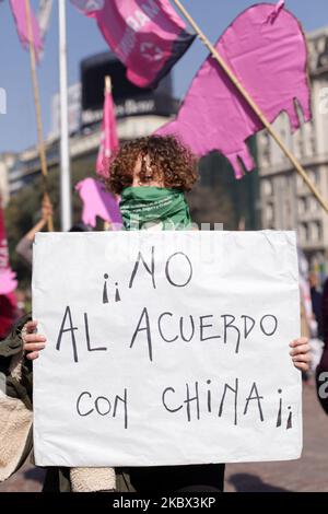 Un gruppo di attivisti ha protestato presso l'Obelisco di Buenos Aires, in Argentina, il 13 agosto 2020 per l'accordo con la Cina per la produzione di maiale in Argentina (Foto di Carol Smiljan/NurPhoto) Foto Stock