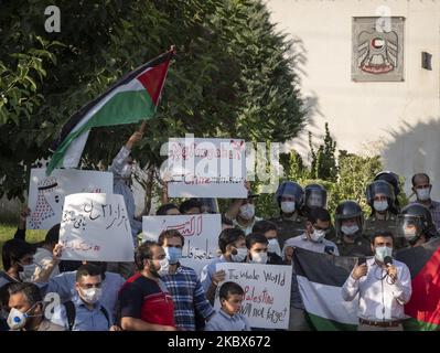 I manifestanti iraniani hanno fatto sventolare una bandiera palestinese e hanno un cartello mentre assistono a un incontro di protesta di fronte all'ambasciata degli Emirati Arabi Uniti a Teheran nord-occidentale, il 15 agosto 2020. Un gruppo di studenti iraniani dell’Università di Teheran si riunisce di fronte all’ambasciata degli Emirati Arabi Uniti per manifestare la propria protesta contro le relazioni diplomatiche tra Emirati Arabi Uniti e Israele. (Foto di Morteza Nikoubazl/NurPhoto) Foto Stock