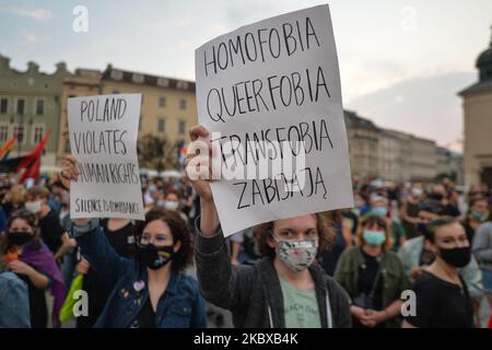 Un protester pro-LGBT ha un segno che dice 'omofobia, Queerphobia, Transphobia Kill' durante la protesta. I nazionalisti di estrema destra e gli attivisti pro-vita hanno organizzato una protesta contro l'LGBT accanto al monumento di Adam Mickiewicz nella piazza principale del mercato di Cracovia. Sul lato opposto della piazza, attivisti LGBT e antifascisti hanno organizzato una contro protesta. Il 19 agosto 2020, a Cracovia, in Polonia Voivodato minore, Polonia. (Foto di Artur Widak/NurPhoto) Foto Stock