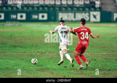 Josan e Valery Fernandez durante la Liga SmartBank Playoff match tra Elche CF e Girona FC a Martinez Valero il 20 agosto 2020 a Elche, Spagna . (Foto di Rubén de la Fuente Pérez/NurPhoto) Foto Stock