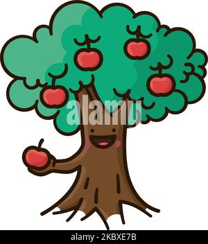 Sorridente albero di mela Kawaii che offre un'illustrazione del vettore isolato di frutta per la Giornata dell'albero di Apple il 6 gennaio Illustrazione Vettoriale