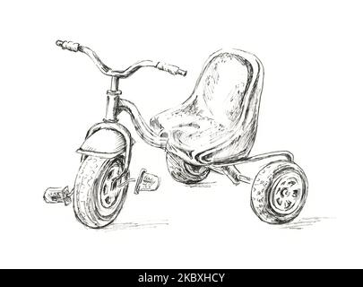 Illustrazione in bianco e nero disegnata a mano di un triciclo. Disegno a inchiostro isolato su sfondo bianco. Foto Stock