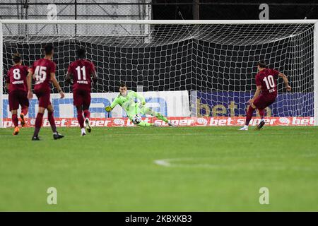 Ciprian DEAC ha perso una sanzione durante il CFR 1907 Cluj contro Dinamo Zagreb UEFA Champions League, secondo turno di qualificazione, allo stadio Constantin Radulescu il 26 agosto 2020 a Cluj-Napoca, Romania. (Foto di Flaviu Buboi/NurPhoto) Foto Stock