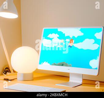 Un'illustrazione in 3D di una workstation PC monoblocco su una scrivania con tastiera, mouse e lanterna Foto Stock