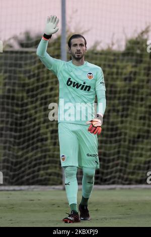 JAUME DOMENECH di Valencia durante il gioco pre-stagione amichevole tra Valencia CF e Villarreal CF alla Pinatar Arena il 28 agosto 2020 a San Pedro del Pinatar, Spagna. (Foto di Jose Miguel Fernandez/NurPhoto) Foto Stock