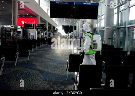 Le squadre di disinfezione puliscono e disinfettano costantemente il terminale di El Dorado per prevenire la diffusione del nuovo Coronavirus dopo cinque mesi di inattività l'aeroporto internazionale di El Dorado si prepara con misure di biosicurezza per prevenire la diffusione del nuovo Coronavirus per riprendere le attività il primo settembre con 14 rotte dimesitc diferenti a Bogotà; Colombia il 31 agosto 2020. (Foto di Sebastian Barros/NurPhoto) Foto Stock