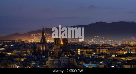 Città di Barcellona e i campanili della cattedrale di notte (Barcellona, Catalogna, Spagna) ESP: Ciudad de Barcelona y campanarios de la catedral Foto Stock