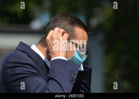 Il primo Ministro Mateusz Morawiecki visto durante la visita della storica miniera di carbone Guido a Zabrze. Nei giorni scorsi, il primo ministro polacco ha fatto un'altra visita in Slesia. Questa volta la ragione è stata la celebrazione del 40th° anniversario della fondazione di 'Solidarity', il primo sindacato indipendente nell'ex blocco sovietico. Il septemebr 3, 2020, a Zabrze, Voivodato di Slesia, Polonia. (Foto di Artur Widak/NurPhoto) Foto Stock