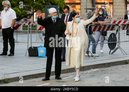 Carla Fracci e il marito Beppe Menegatti arrivano alla Messa di Requiem al Duomo di Milano per le vittime di Covid, Milano, 04 2020 settembre (Foto di Mairo Cinquetti/NurPhoto) Foto Stock