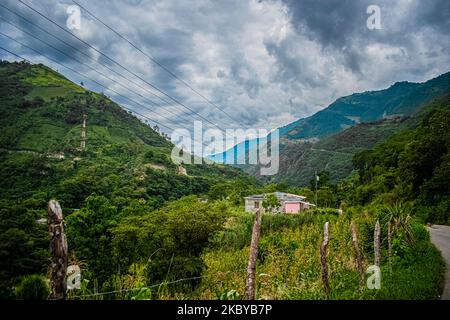 Paesaggio di montagne con foresta tropicale verde e strada al centro, alba nella giungla, con nuvole Foto Stock