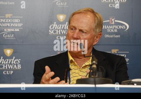 Jack Nicklaus del progettista del campo da golf che parla del livello di difficoltà del gioco durante il campionato IBD di Songdo del giro del PGA a Incheon, ad ovest di Seoul il 16 settembre 2011, Corea del Sud. (Foto di Seung-il Ryu/NurPhoto) Foto Stock