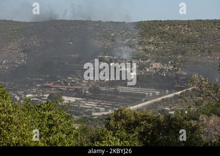 Una vista del campo profughi di Moria distrutto, il 10 settembre 2020. Un incendio distrusse il più grande campo profughi di Moria della Grecia sull'isola di Lesbos. (Foto di Nicolas Economou/NurPhoto) Foto Stock