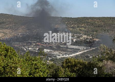 Una vista del campo profughi di Moria distrutto, il 10 settembre 2020. Un incendio distrusse il più grande campo profughi di Moria della Grecia sull'isola di Lesbos. (Foto di Nicolas Economou/NurPhoto) Foto Stock