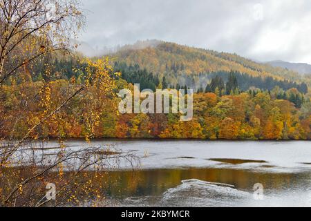 Pitlochry Perthshire Scotland nebbia sulle colline e colori autunnali degli alberi intorno a Loch Faskally Foto Stock