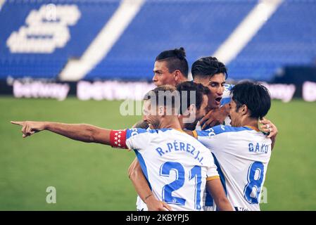 Ruben Perez, Gaku Shibasaki, Juan Munoz, Luis Perea e Jonathan Silva durante la partita della Liga SmartBank tra CD Leganes e UD Las Palmas all'Estadio Municipal de Butarque il 12 settembre 2020 a Leganes, Spagna . (Foto di Rubén de la Fuente Pérez/NurPhoto) Foto Stock