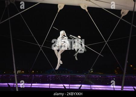 Una vista notturna di due sculture viste sulla passerella del Padre Bernatek. La passerella ospita una mostra all'aperto delle nove sculture acrobatiche più sorprendenti che formano la mostra intitolata tra l'acqua e il cielo dell'artista polacco Jerzy Kedziora. Il 13 settembre 2020, a Cracovia, Polonia. (Foto di Artur Widak/NurPhoto) Foto Stock