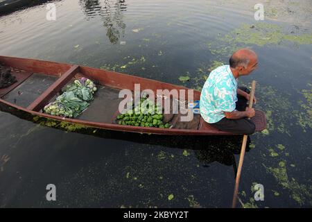 Un barcaiolo di Kashmiri attende i clienti al mercato di verdure galleggianti negli interni del lago dal a Srinagar, Kashmir il 15 settembre 2020. I picchi nei casi COVID-19 continuano mentre Jammu e Kashmir hanno riferito diciassette altre morti correlate a Covid-19 portando il numero di decessi dovuti alla malattia mortale a 897. (Foto di Faisal Khan/NurPhoto) Foto Stock